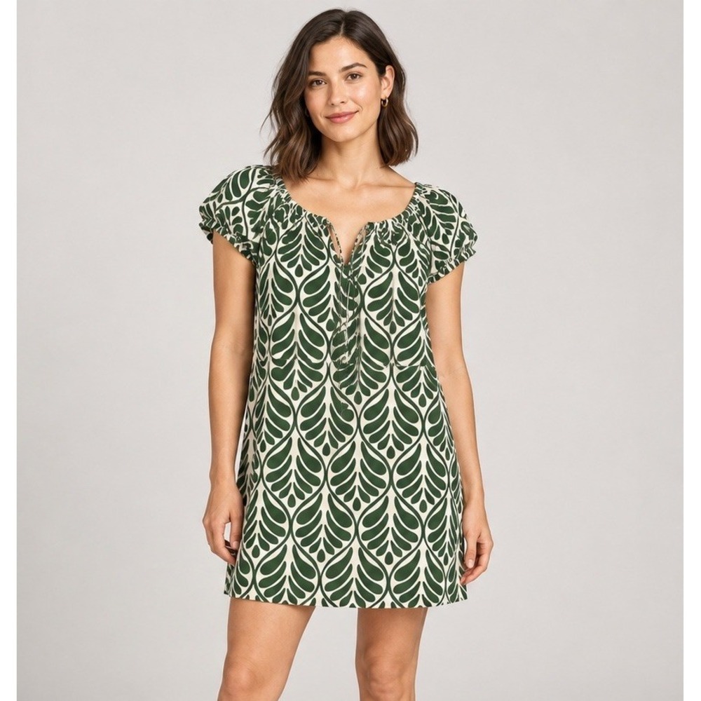 H&M Green and White Leaf Print Dress Women's Small Drawstring